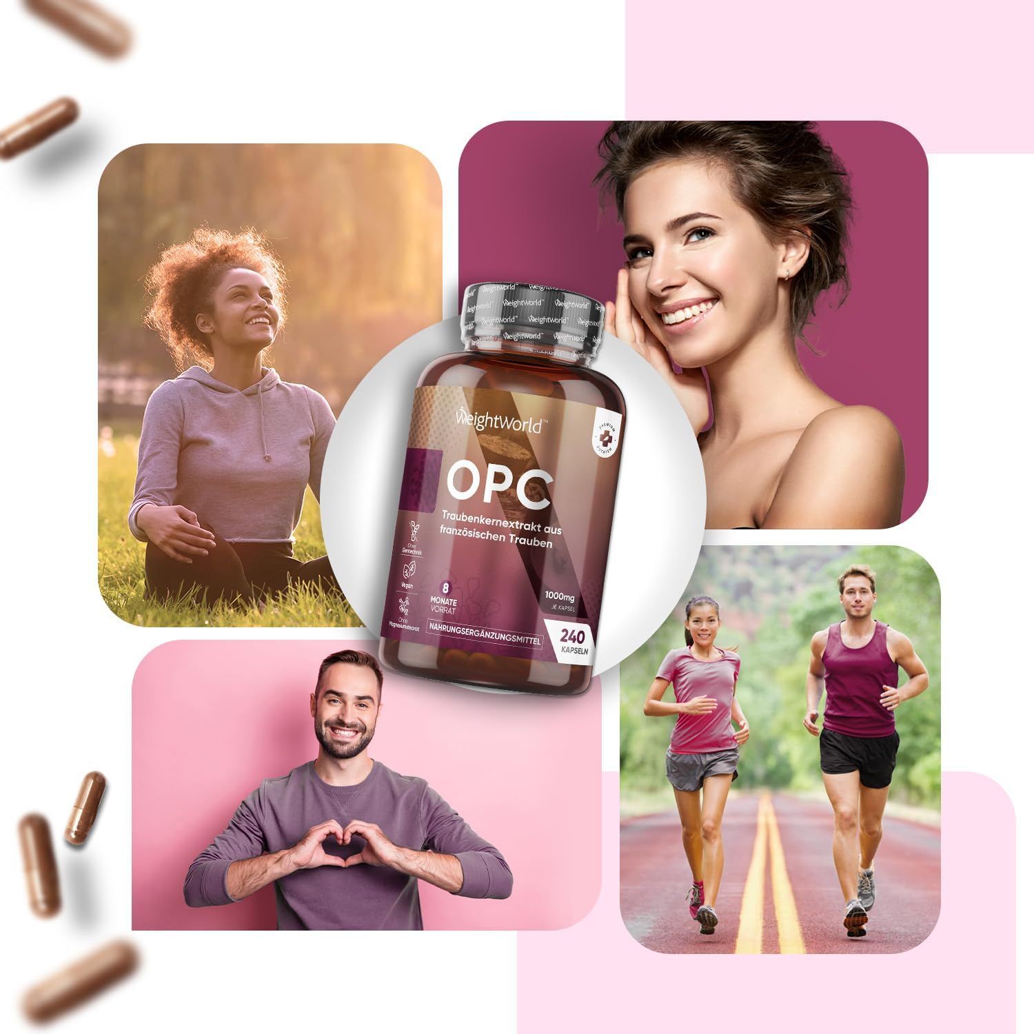 Collage con persone e capsule OPC. Persone: donna, uomo, corridori. Capsule: marroni, 240 pezzi.