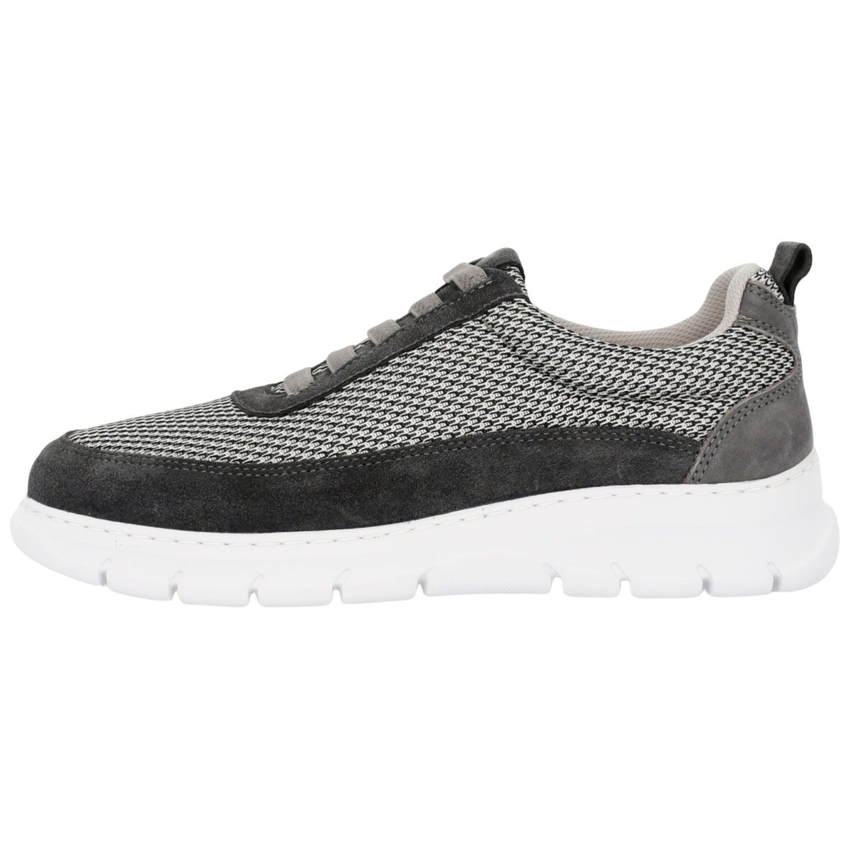 Scarpa da uomo grigia e nera in pelle scamosciata e mesh, suola bianca. Lacci. Vista laterale.