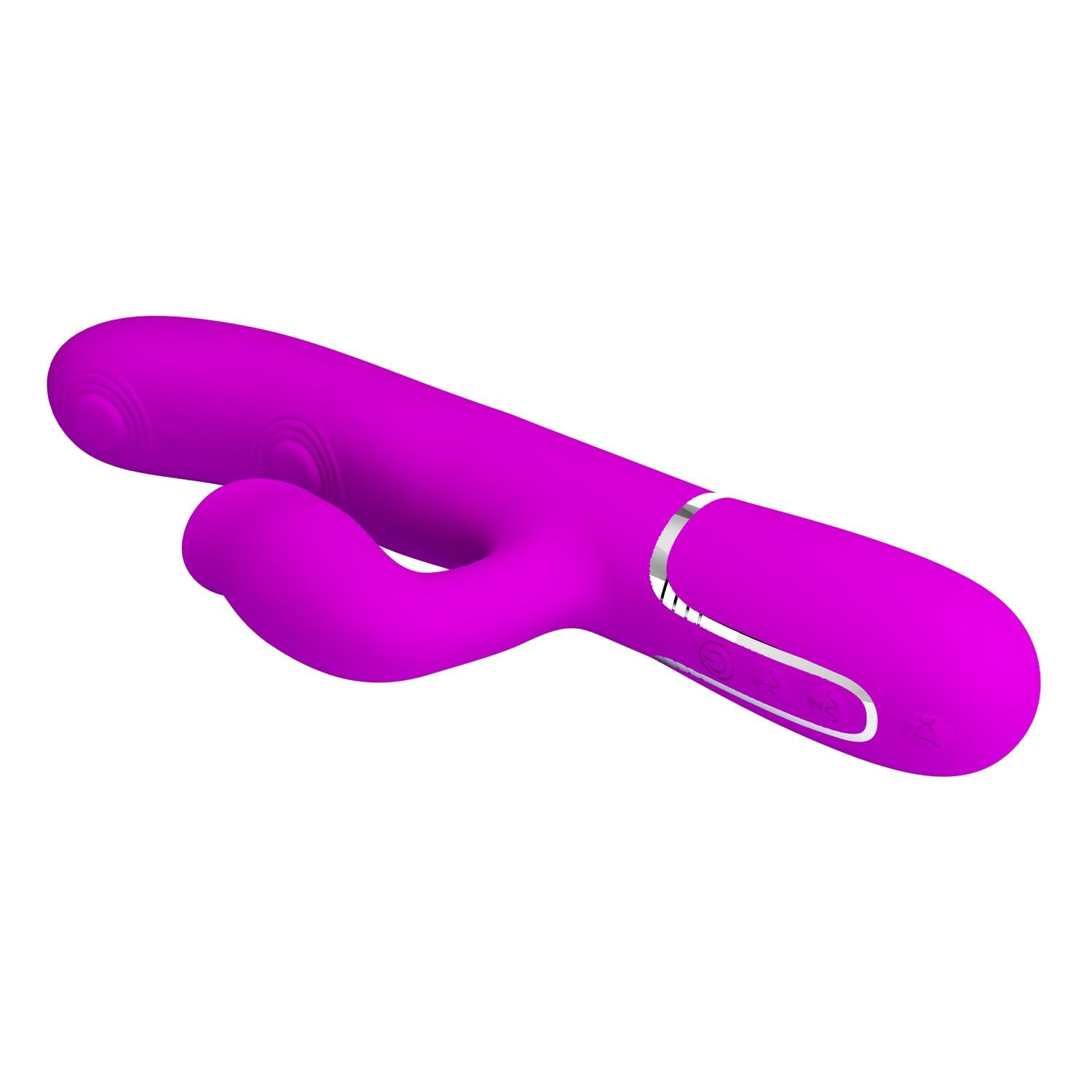 Vibratore viola con design a orecchie di coniglio e dettagli argentati. Vista obliqua.