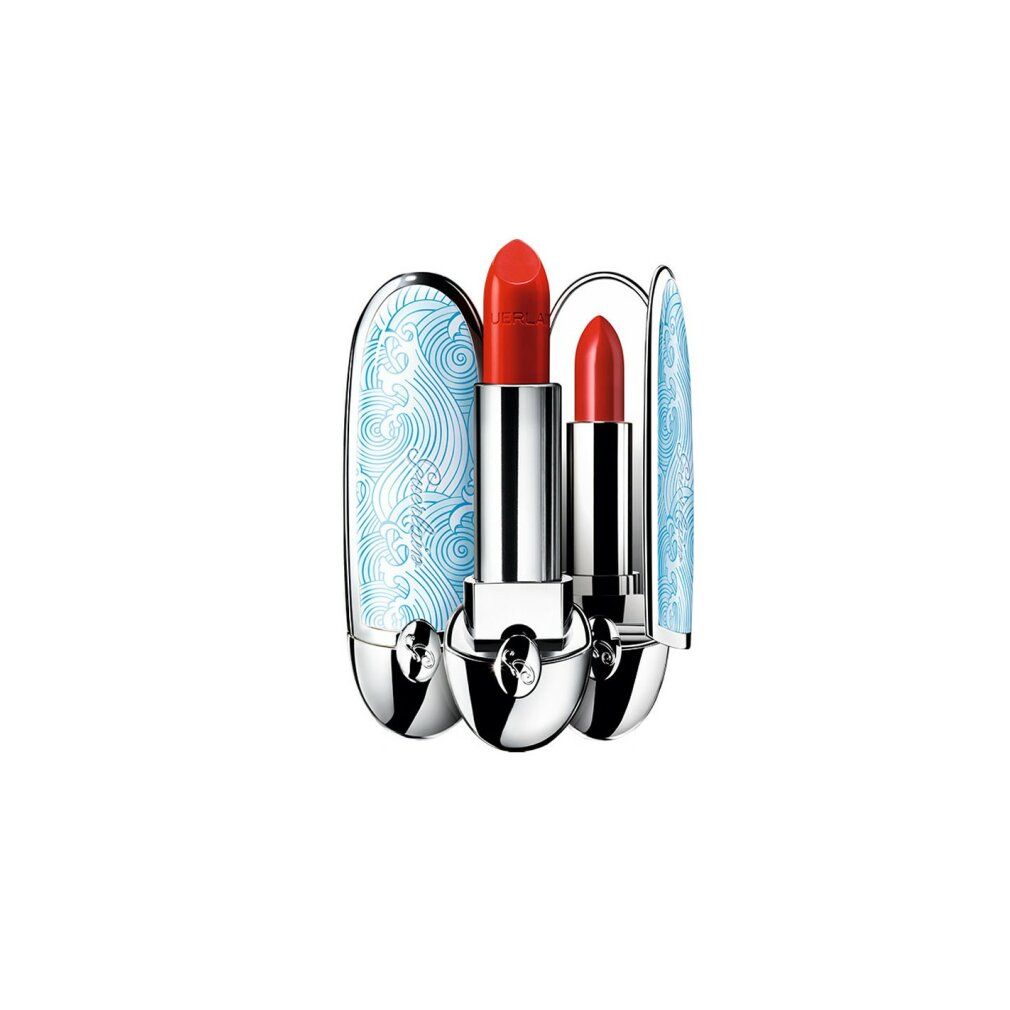 Due rossetti rossi. Custodie argentate con motivi blu. Specchio integrato.