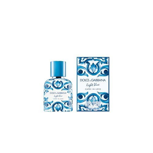 Flacone e confezione con decoro blu. Scritta: Dolce & Gabbana Light Blue Capri in Love.