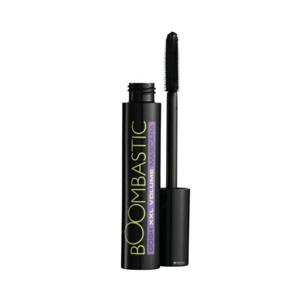 Tubo di mascara nero con spazzola aperta. Scritta: BOOMBASTIC XXL VOLUME MASCARA.