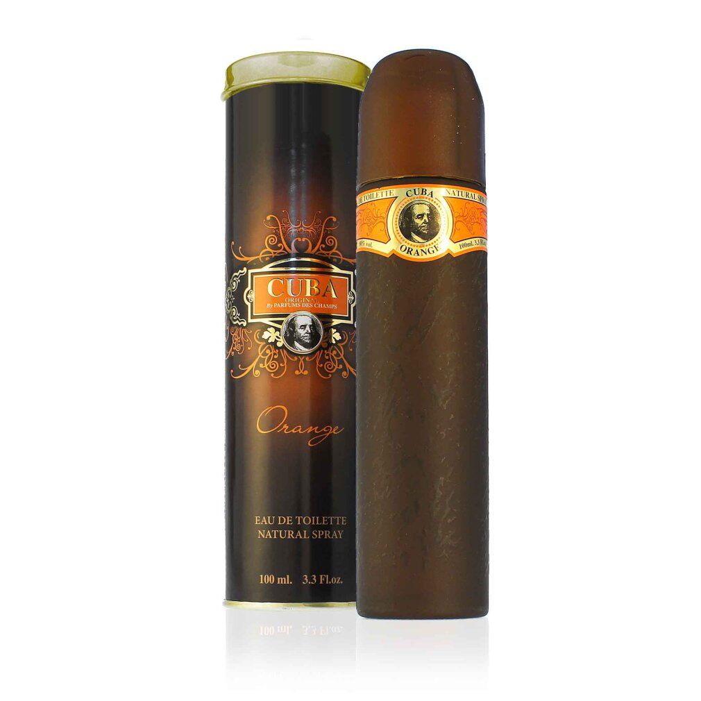 Spray Eau de Toilette CUBA ORANGE e scatola. Flacone marrone con etichetta arancione. Scatola con coperchio dorato.
