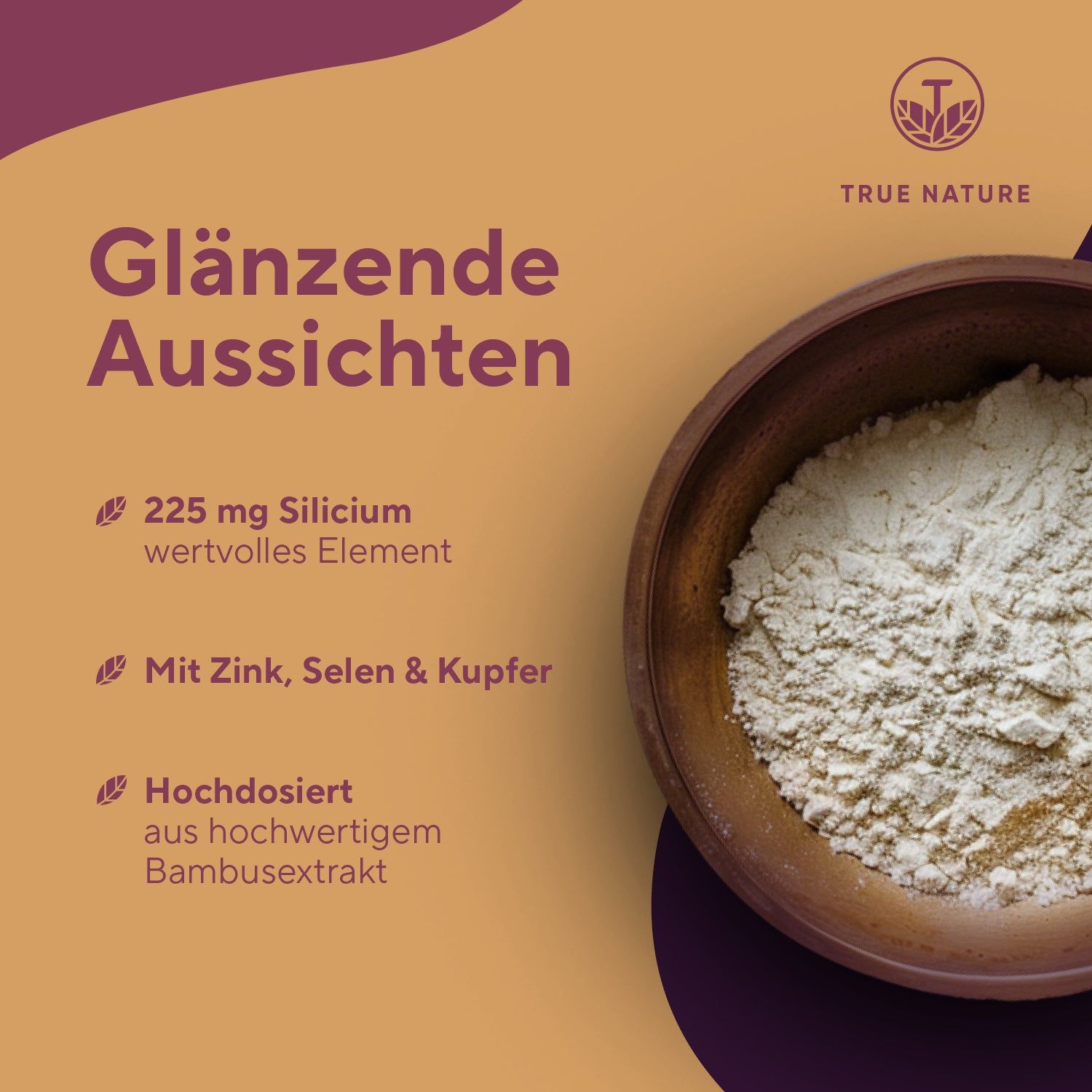 Ciotola con polvere bianca. Testo: 225 mg di silicio, con zinco, selenio e rame, ad alto dosaggio da estratto di bambù.