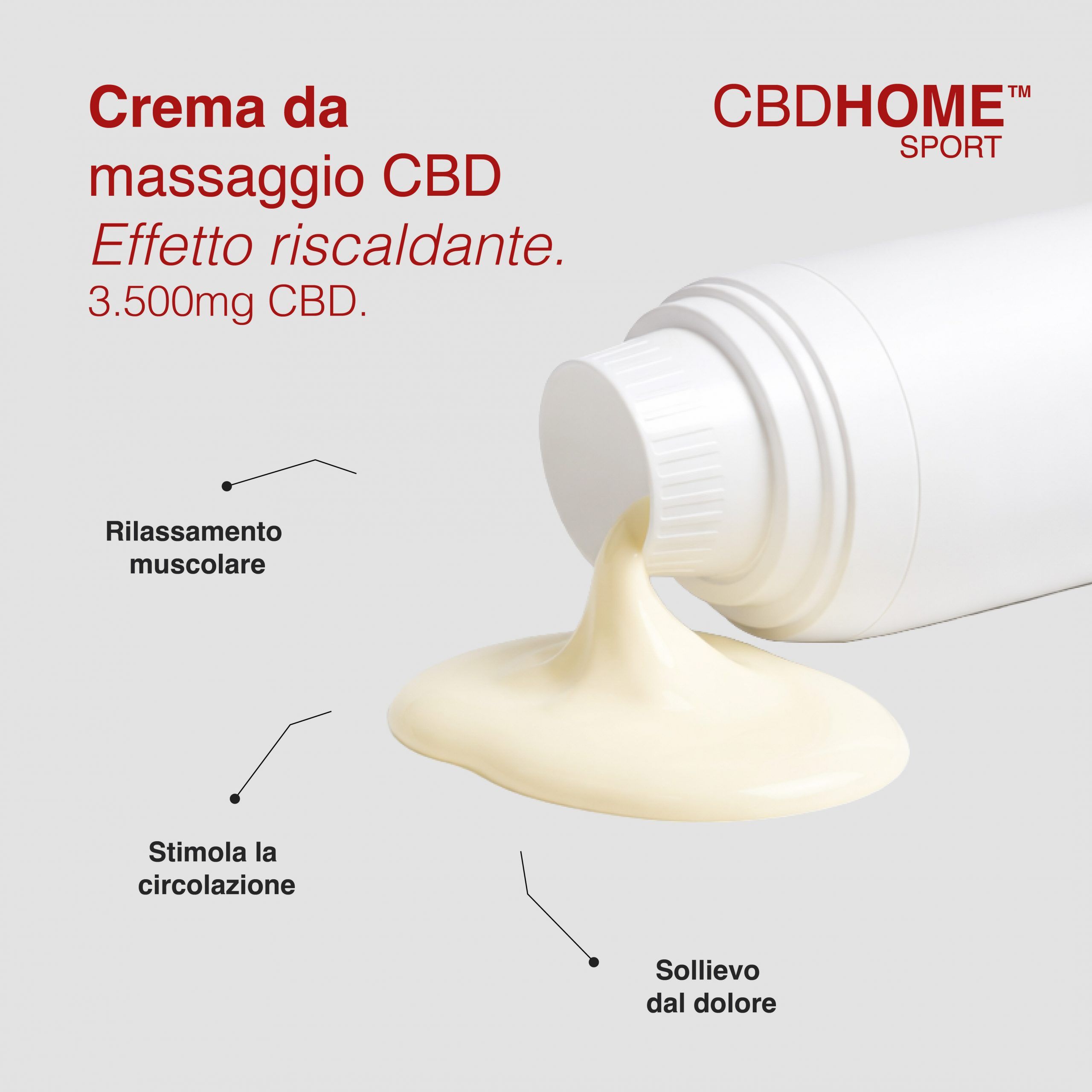 Crema che cola da un tubo bianco. Testo: 'Crema da massaggio CBD Effetto riscaldante. 3.500mg CBD'.
