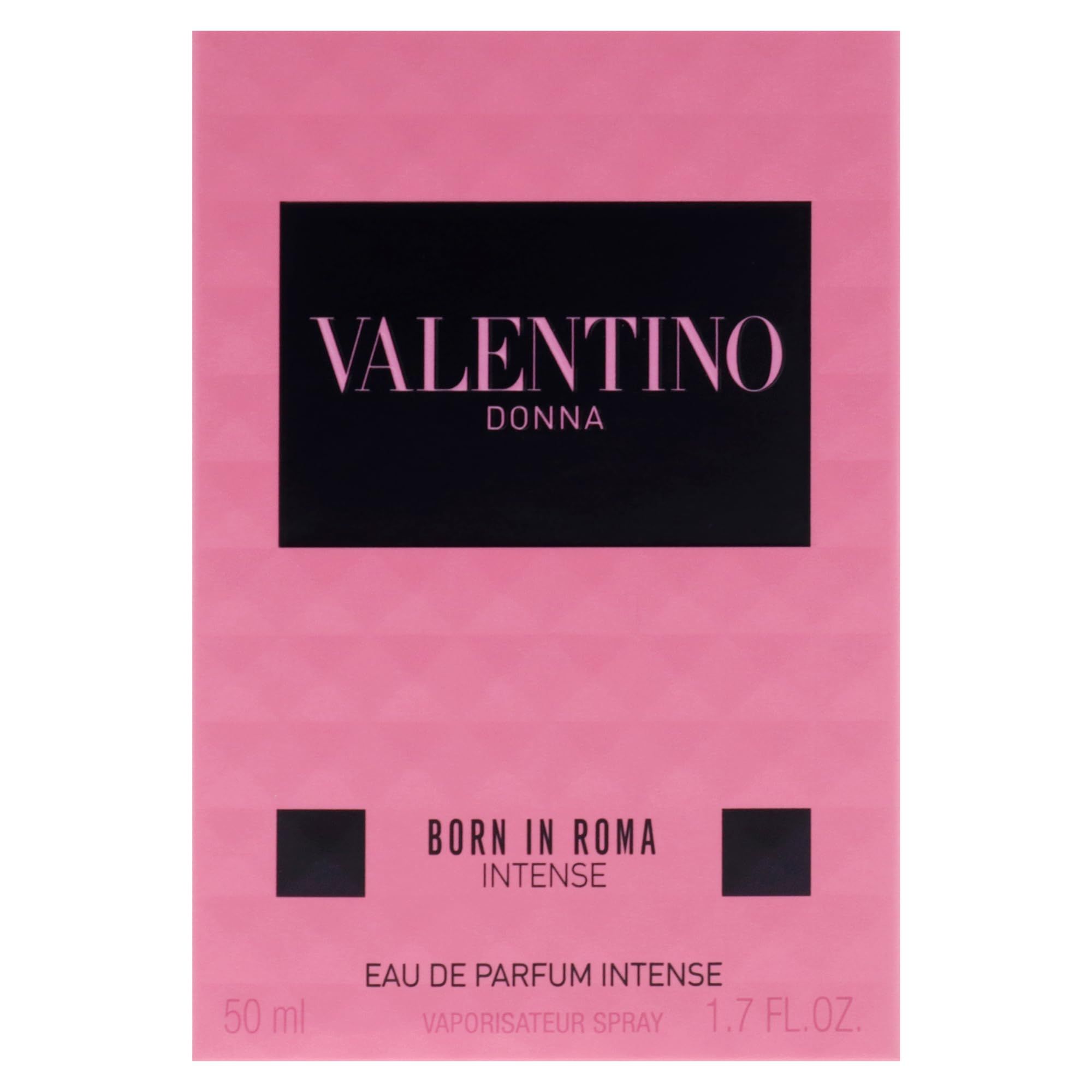 Scatola rosa con scritta VALENTINO DONNA BORN IN ROMA INTENSE. Sfondo nero.