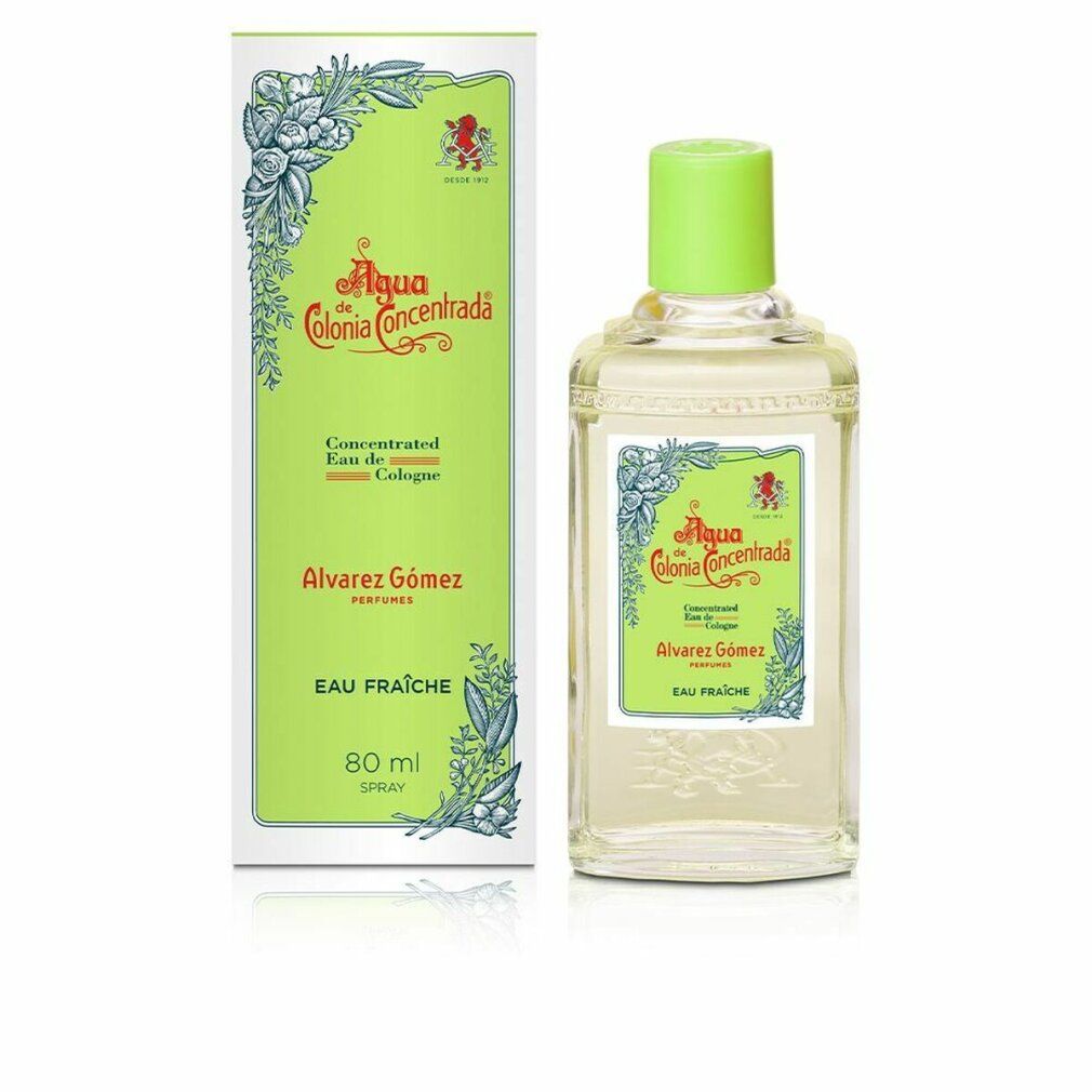 Flacone e scatola Alvarez Gomez Acqua di Colonia Concentrata Spray Arancione. Design verde e bianco, 80 ml.