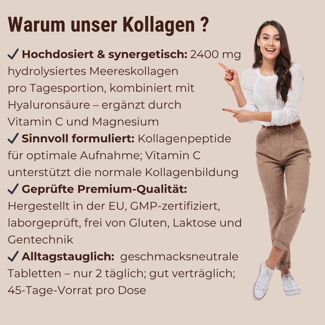 Donna che indica il testo. Testo: 2400 mg collagene marino idrolizzato, vitamina C e magnesio.
