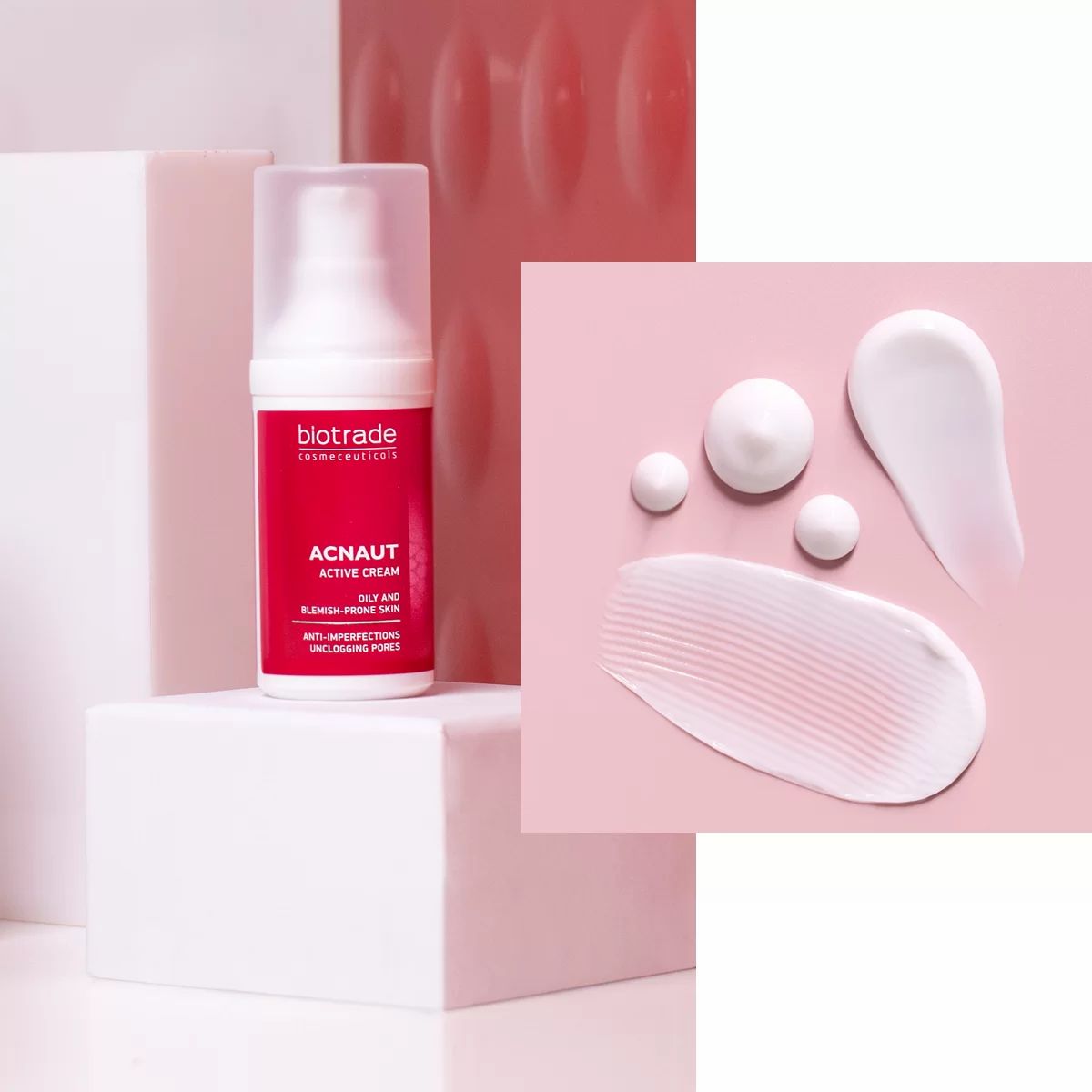 Flacone di crema su piedistallo. Accanto, gocce e strisce di crema. Testo: ACNAUT ACTIVE CREAM. Per pelli grasse e impure.