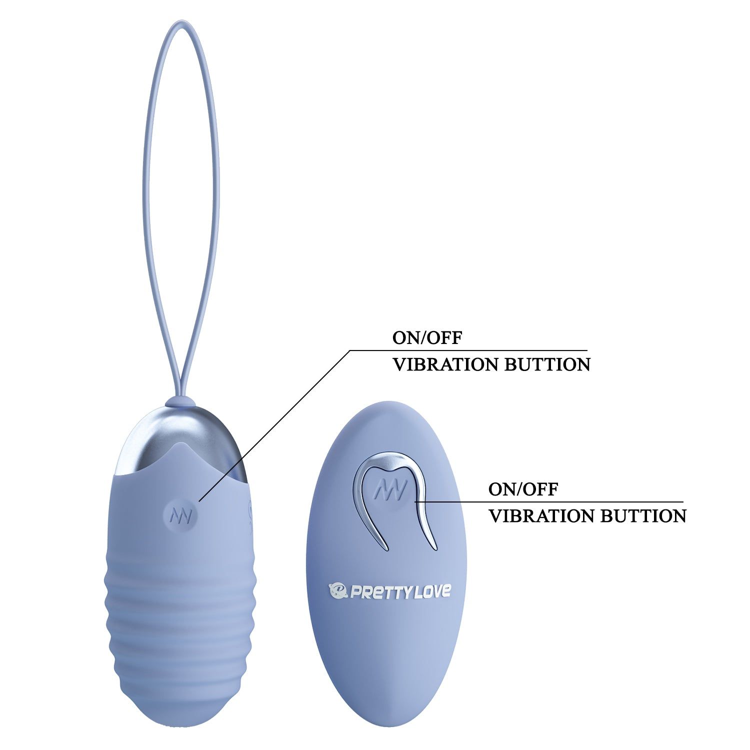 Prodotto ovale azzurro con anello e telecomando. Scritte: ON/OFF Vibration Button, PRETTY LOVE.