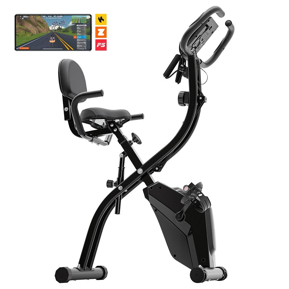 Cyclette nera con display, sedile e manubrio. Smartphone con app di allenamento. Loghi Z, F5.