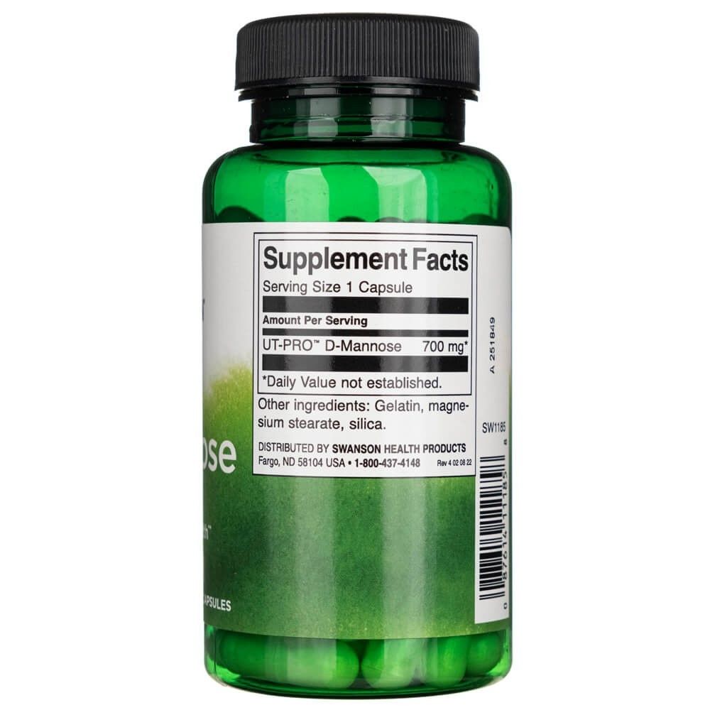 Retro della bottiglia Swanson D-Mannose 700 mg con informazioni nutrizionali e ingredienti.