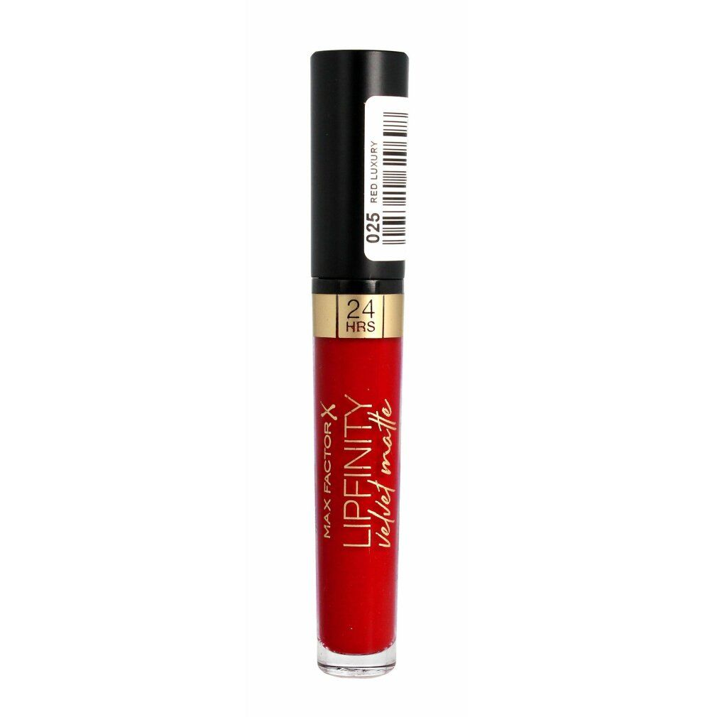 Rossetto rosso con tappo nero. Nome del prodotto: LIPFINITY velvet matte. Scritta: 24 HRS.