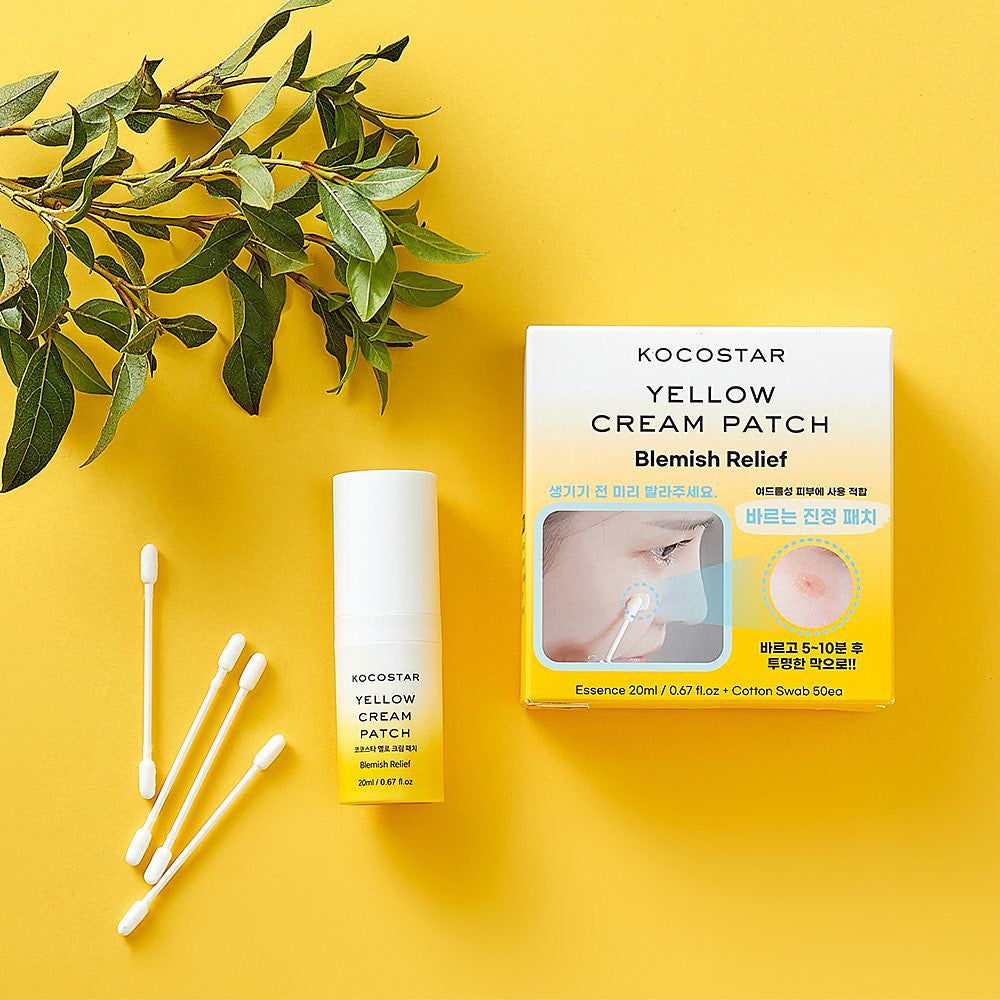 KOCOSTAR Yellow Cream Patch, scatola e tubo, con cotton fioc. Scritta: Blemish Relief. Sfondo giallo.