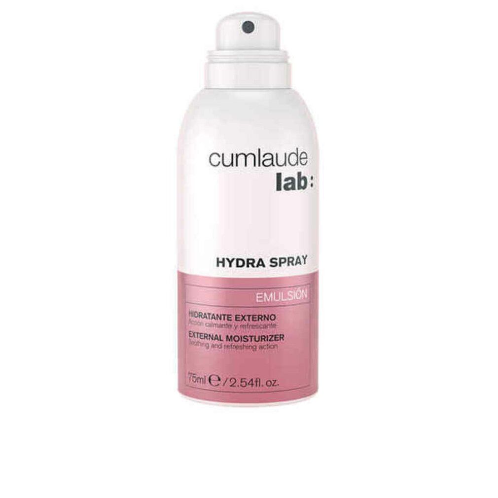Flacone spray bianco e rosa. Testo: cumlaude lab:, HYDRA SPRAY, EMULSION, EXTERNAL MOISTURIZER. Con erogatore.