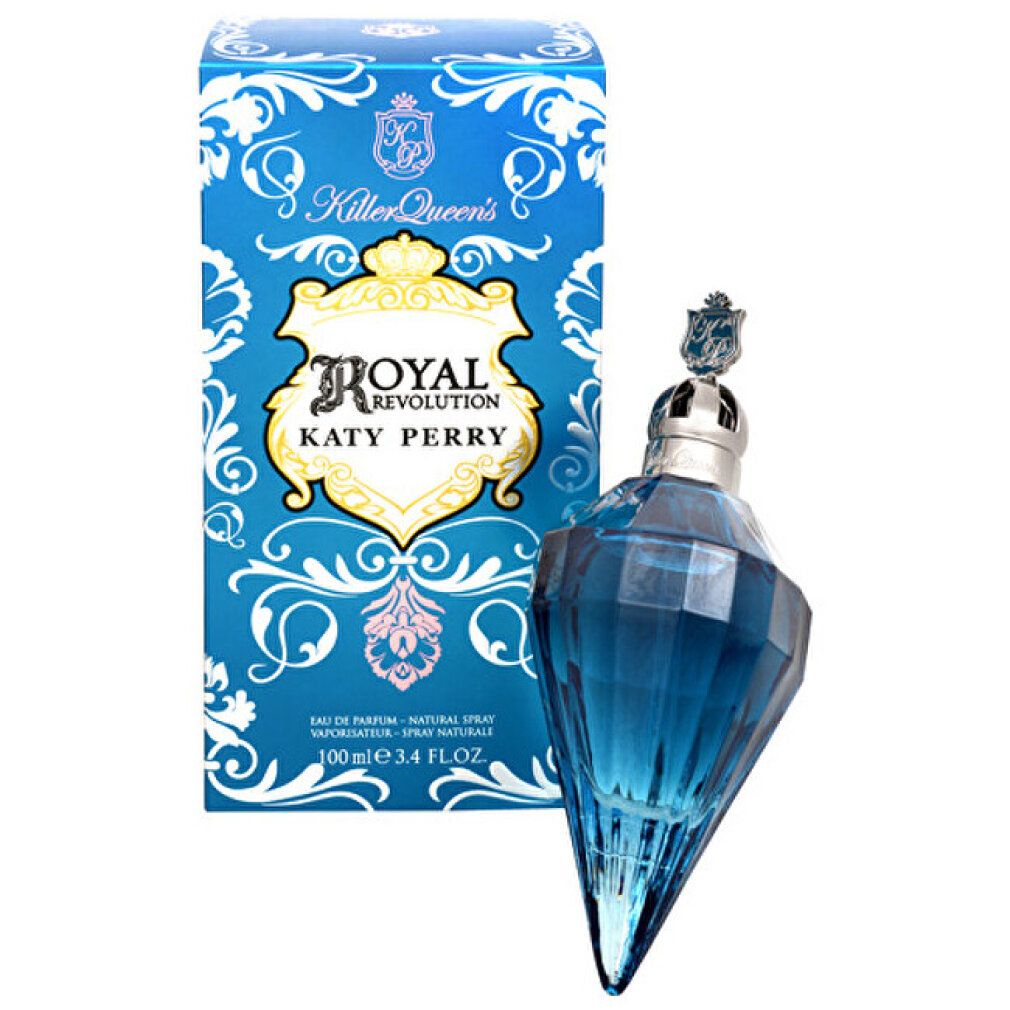 Flacone di profumo blu con tappo argentato e scatola. Scritta: ROYAL REVOLUTION KATY PERRY. Flacone e scatola.
