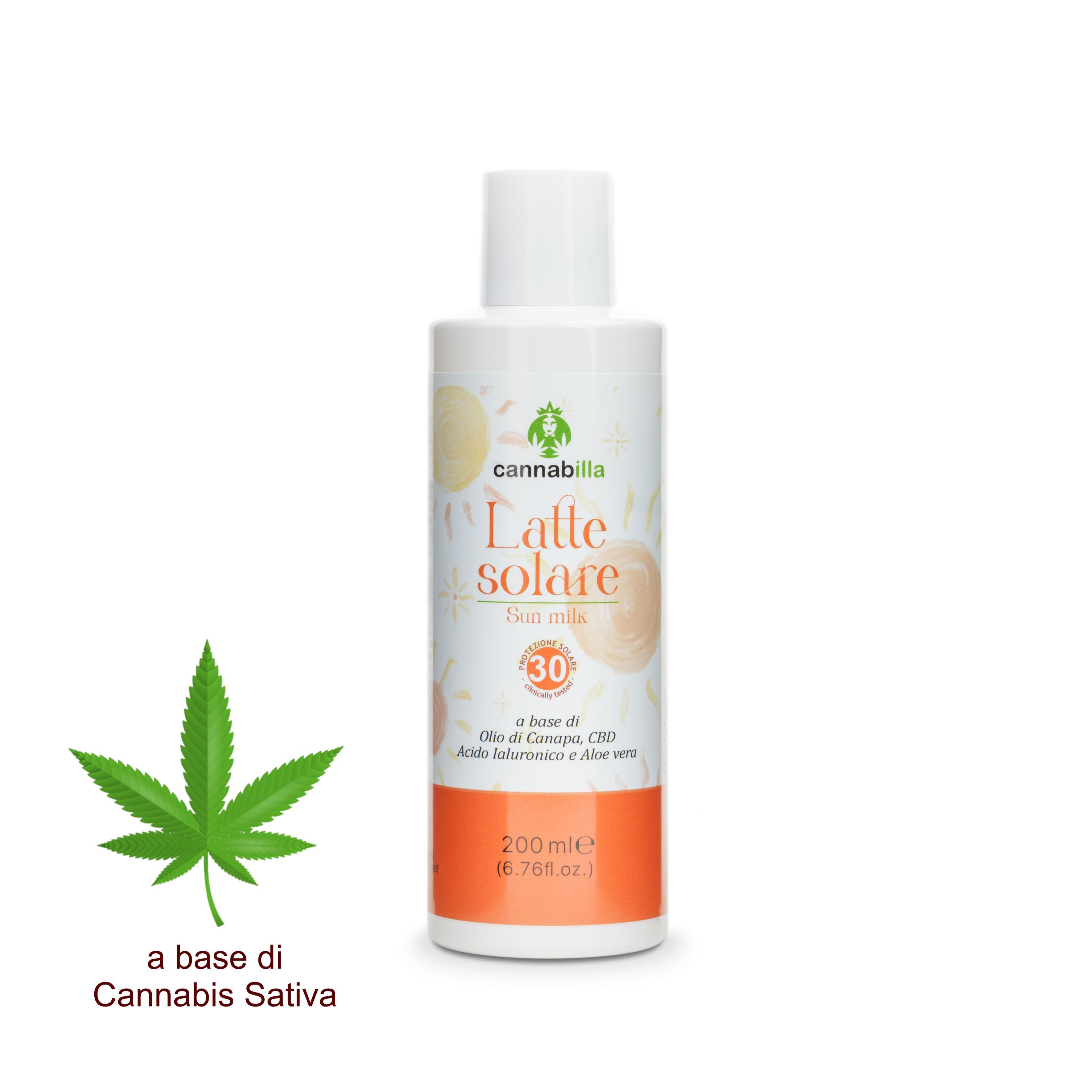 Flacone bianco Cannabilla Latte Solare. Testo: Sun Milk SPF 30, 200 ml. Scritta: A base di Olio di Canapa, CBD, Acido Ialuronico e Aloe vera. Foglia di cannabis.
