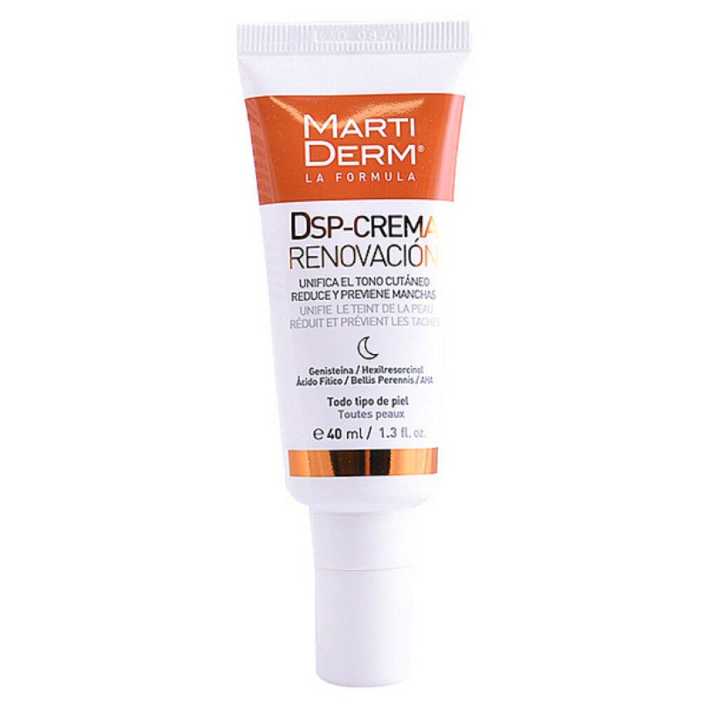 Tubo di crema con nome e ingredienti. Colori arancione e bianco. Volume: 40 ml.