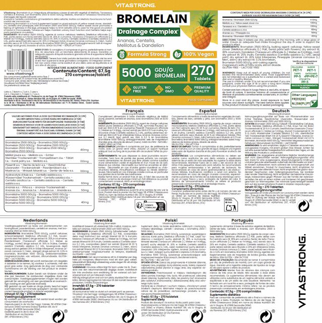 Vitastrong Bromelina 5000 GDU - Drenaggio dei Liquidi e Supporto Cellulite