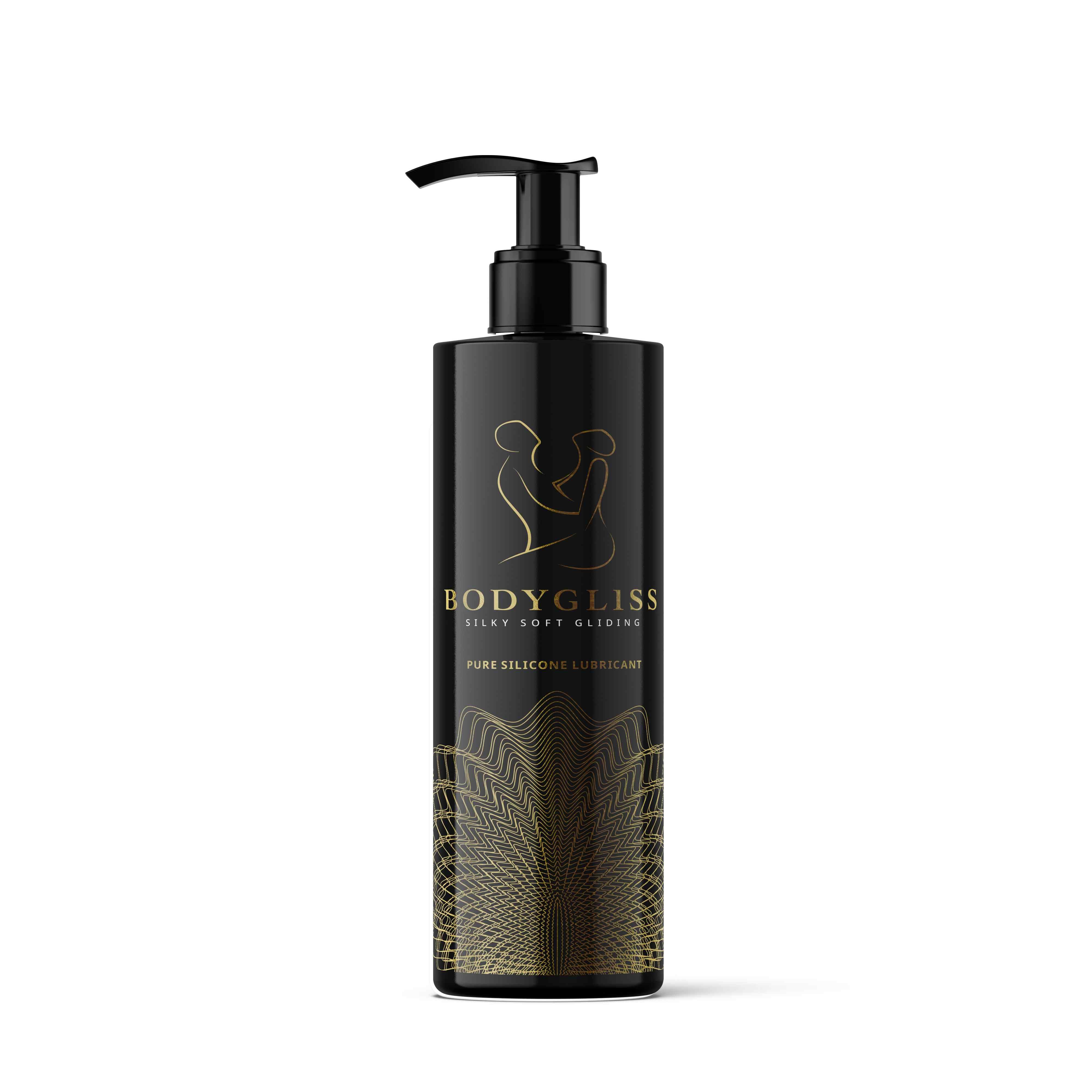 Flacone nero con dosatore. Logo e testo dorati. Nome prodotto: BodyGliss. Silky Soft Gliding.
