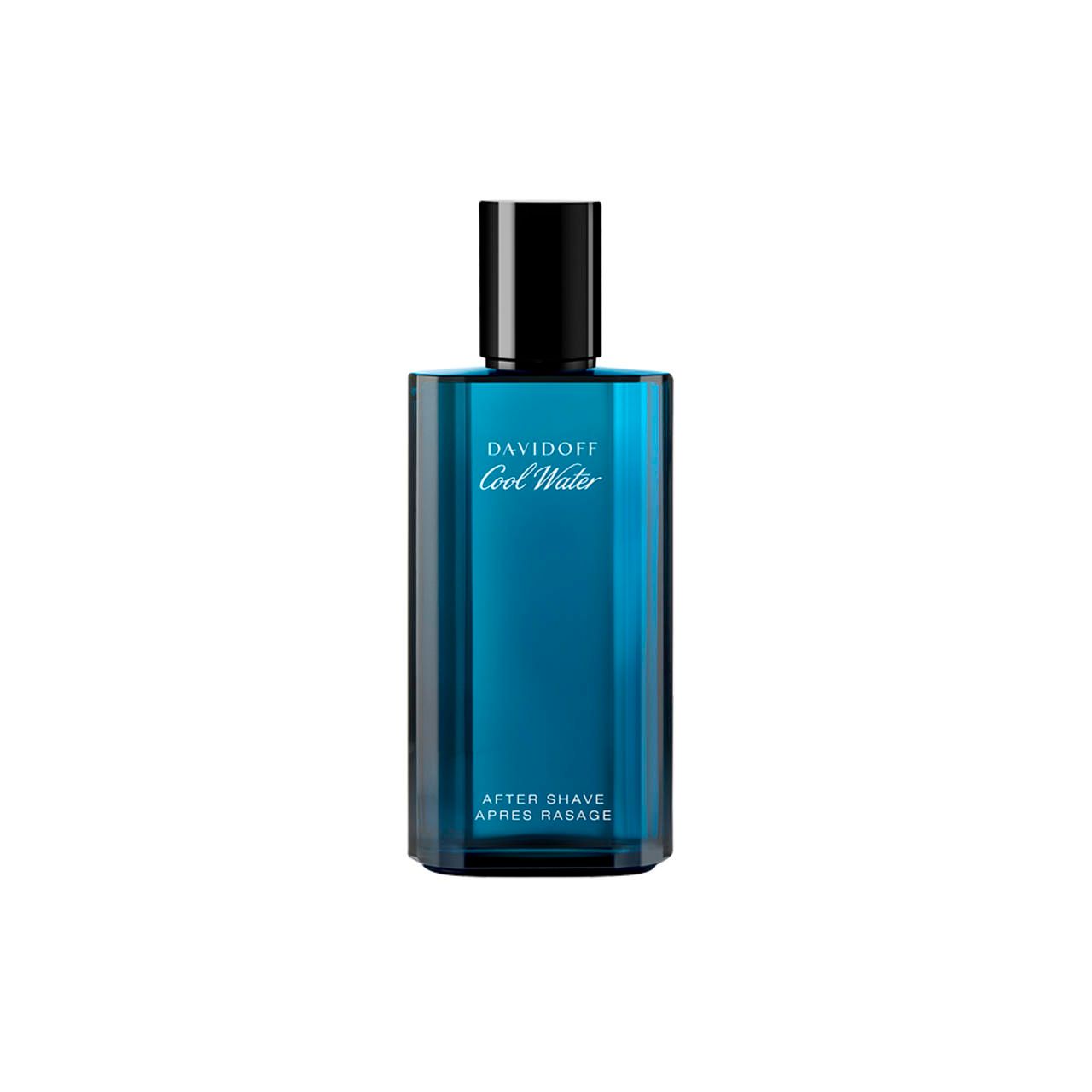 Flacone Davidoff Cool Water After Shave. Vetro blu, tappo nero. Scritta.