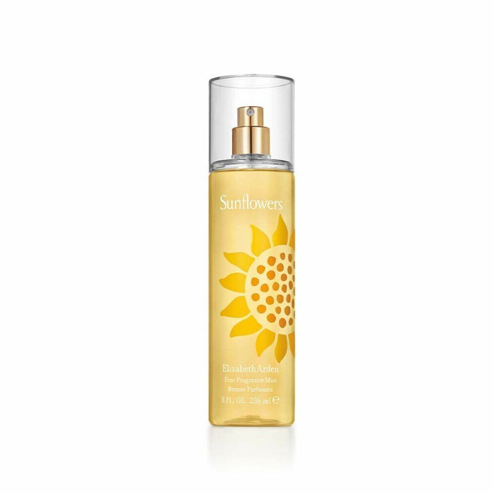 Flacone giallo con design girasole. Scritta 'Sunflowers' e 'Elizabeth Arden'. Tappo trasparente.