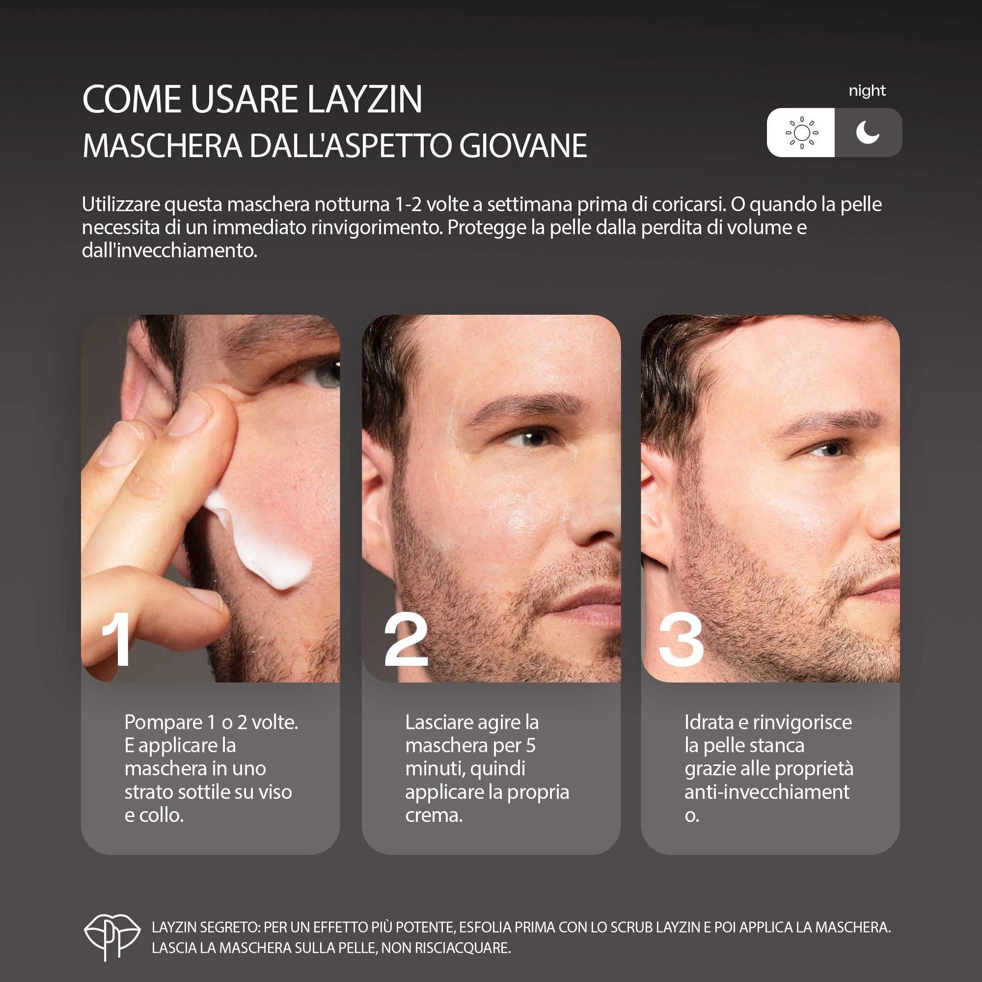 Istruzioni: 3 passaggi. Applicare, lasciare agire, idratare. Testo: LAYZIN.