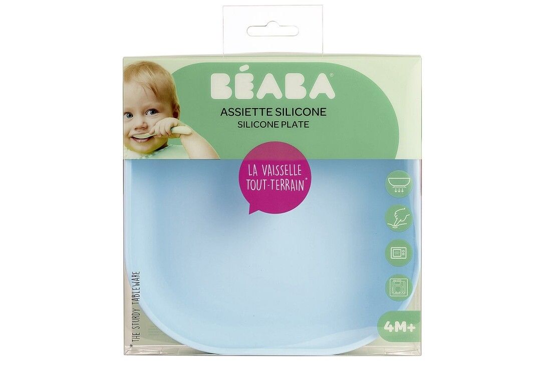 Confezione con piatto per bambini BEABA blu. Scritta: Assiette Silicone, 4M+. Foto del bambino.