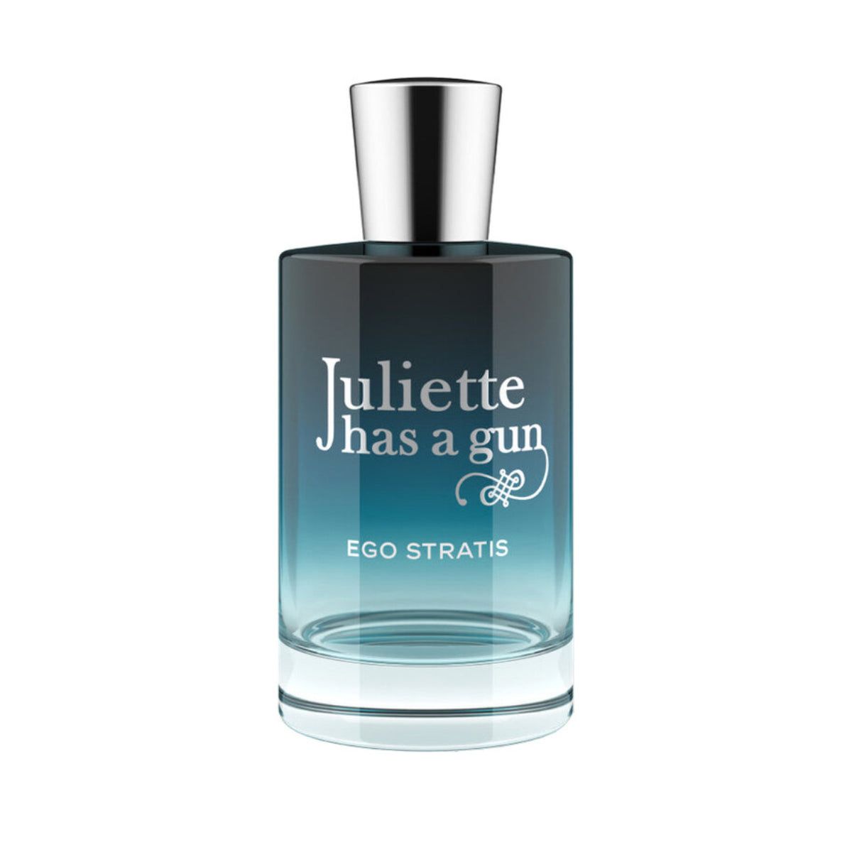 Flacone di vetro con tappo argentato. Scritta: Juliette has a gun EGO STRATIS. Sfumatura da blu a trasparente.
