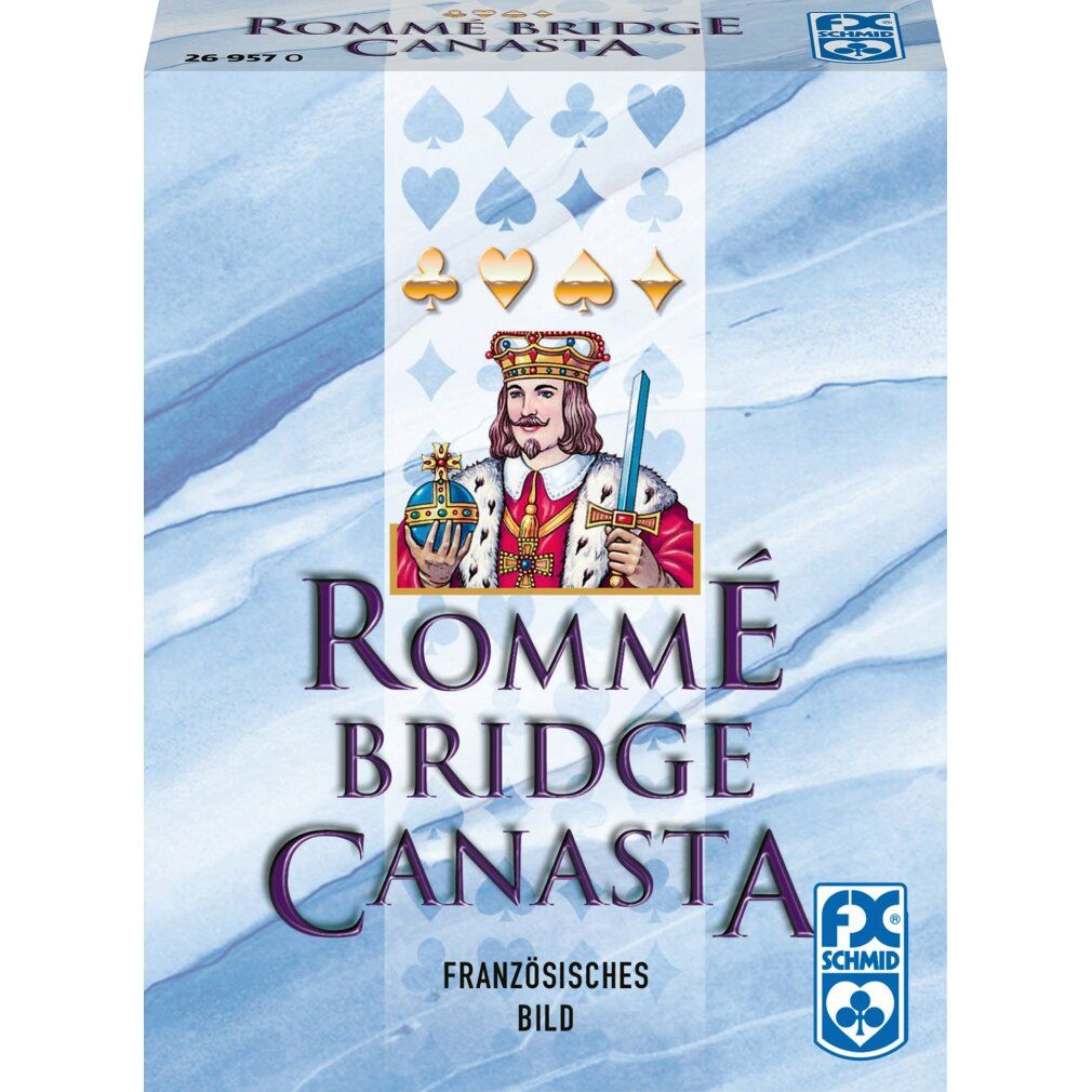 Scatola di carte "Rommé Bridge Canasta". Immagine di un re. Testo "Französisches Bild". Logo FX Schmid.
