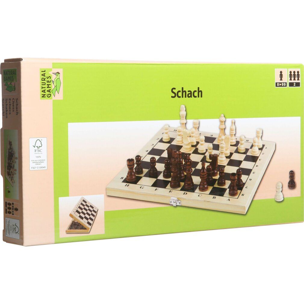 Scacchiera in confezione. Scacchiera con pezzi. Scritta "Schach". Logo "Natural Games". Certificazione FSC.