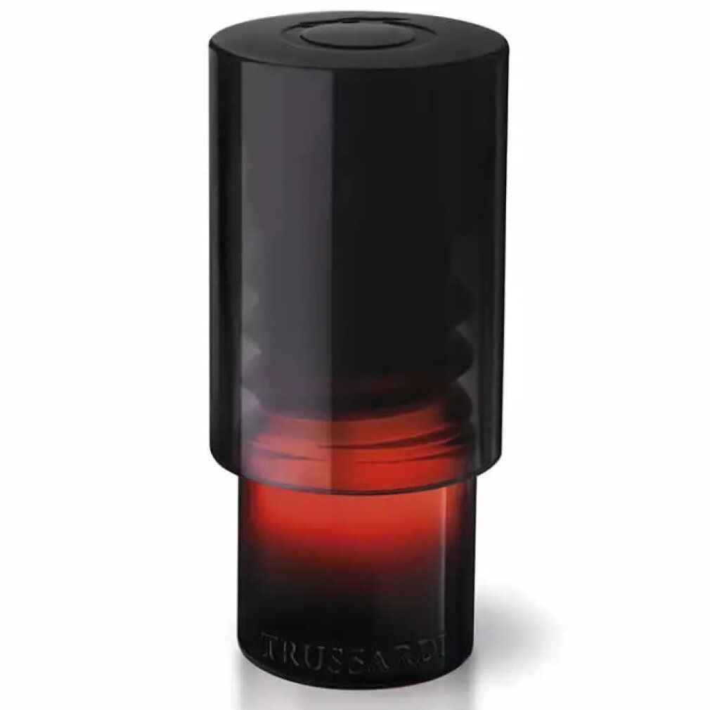Flacone cilindrico nero e rosso. In basso, la scritta "TRUSSARDI".