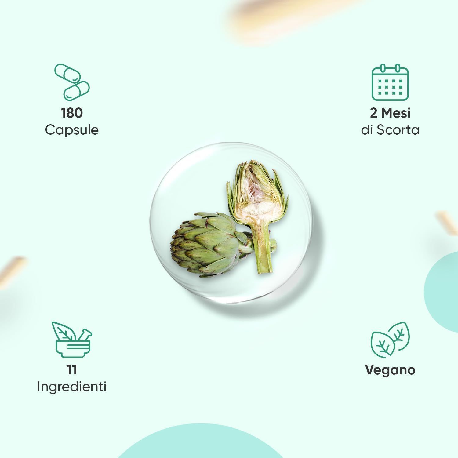 Grafica con carciofo, 180 capsule, 2 mesi di scorta, 11 ingredienti, Vegano. Testo: 2 mesi di scorta.
