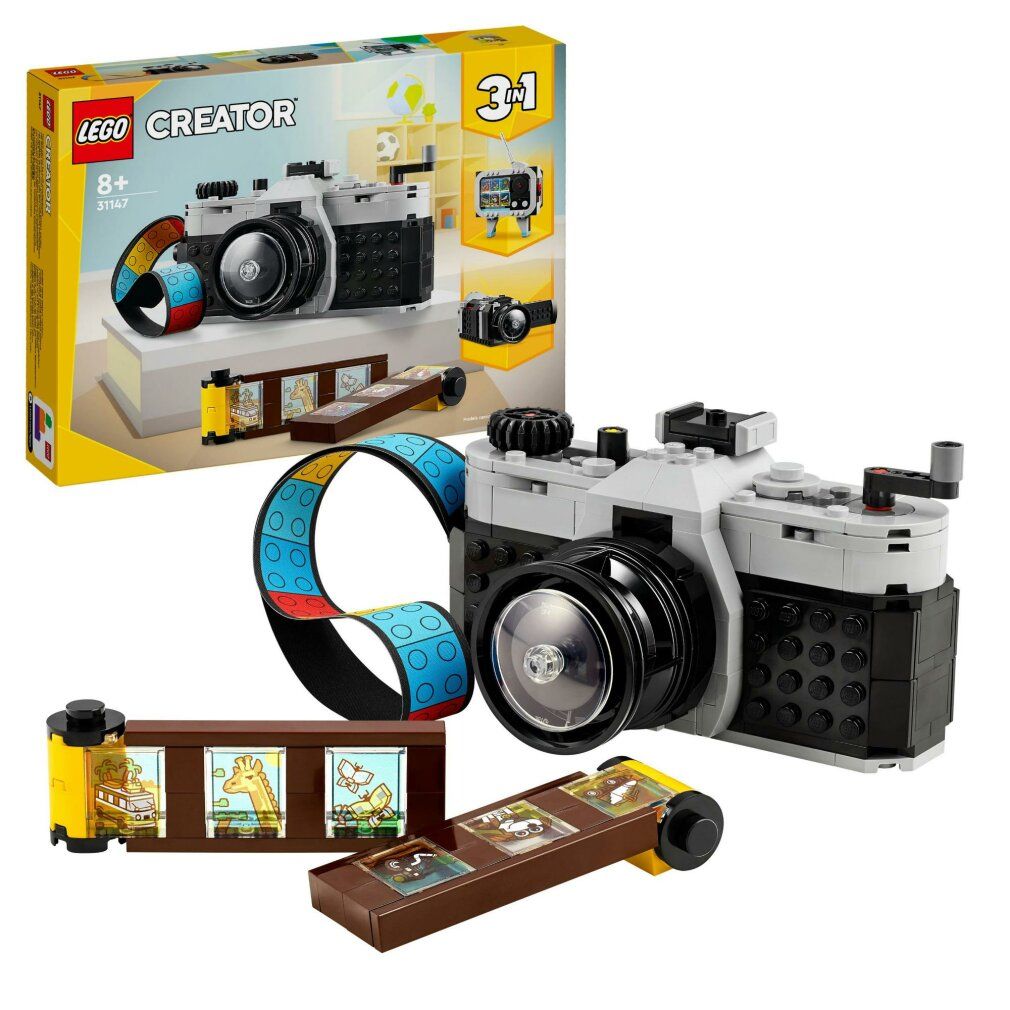 LEGO Creator 3 in 1 Fotocamera retrò. Fotocamera grigia e nera con striscia di pellicola e confezione. Funzione 3 in 1.