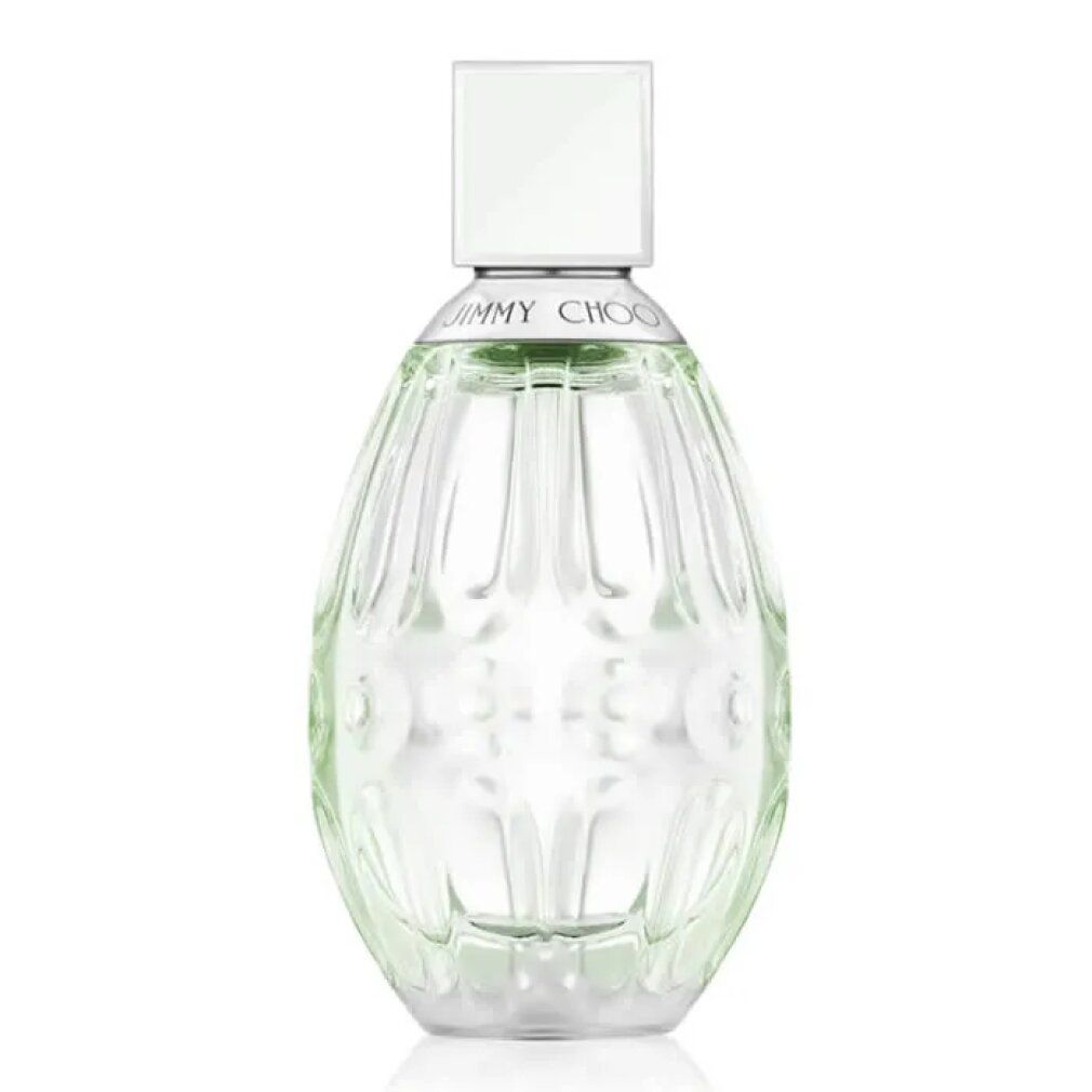 Flacone Jimmy Choo Floral Eau de Toilette in vetro testurizzato verde pallido con tappo bianco.