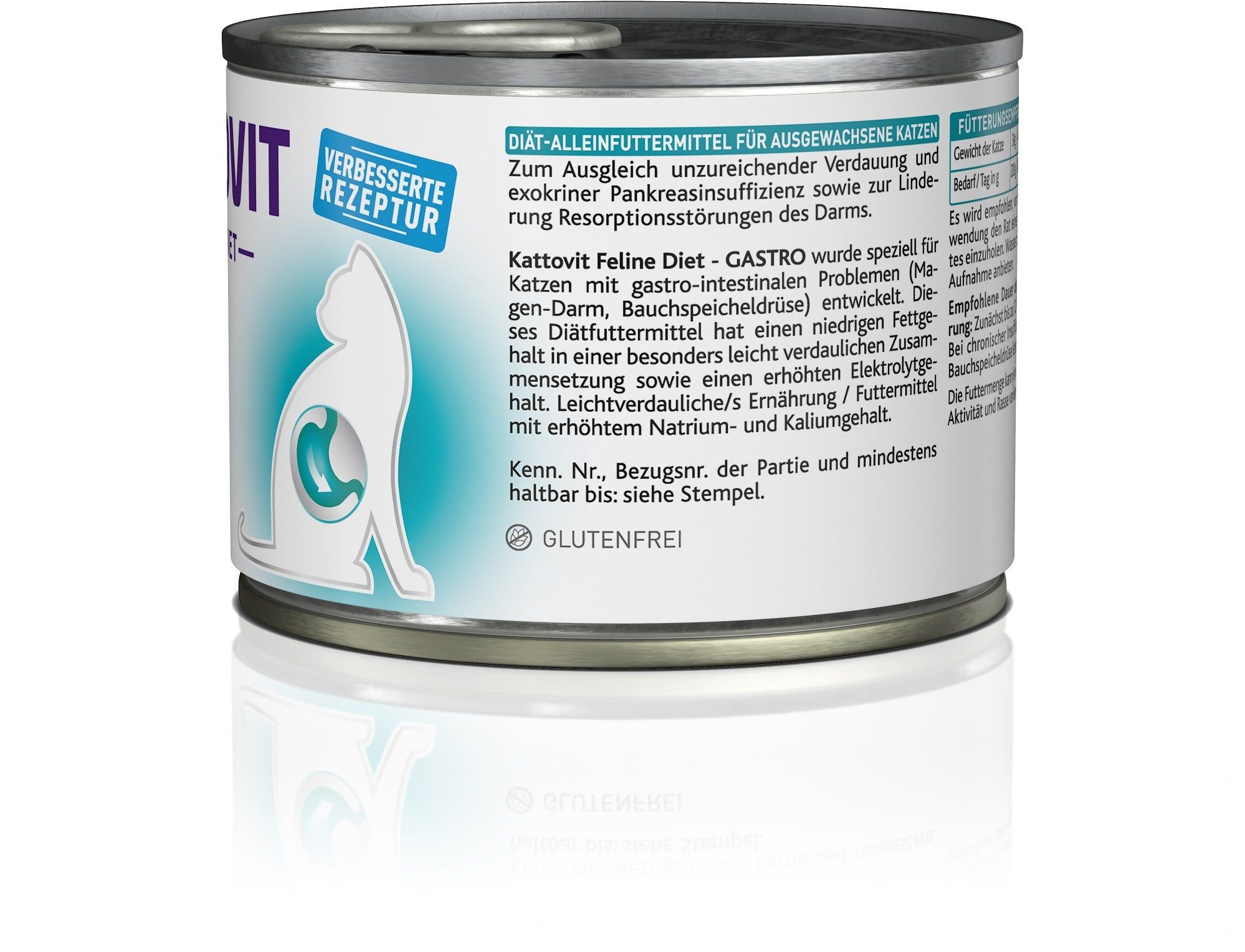 Lattina Kattovit Gastro Pute, retro. Testo: alimento dietetico completo, senza glutine. Sagoma di gatto.