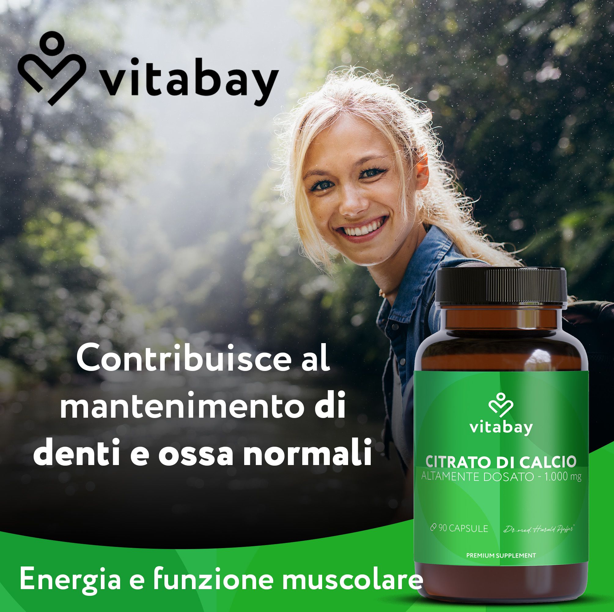 Donna sorridente, Vitabay Calcio Citrato per denti e ossa normali.