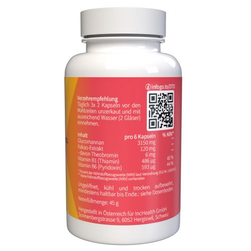 Retro del flacone bianco "Dietoll". Etichetta con informazioni nutrizionali e codice QR. Testo in tedesco.