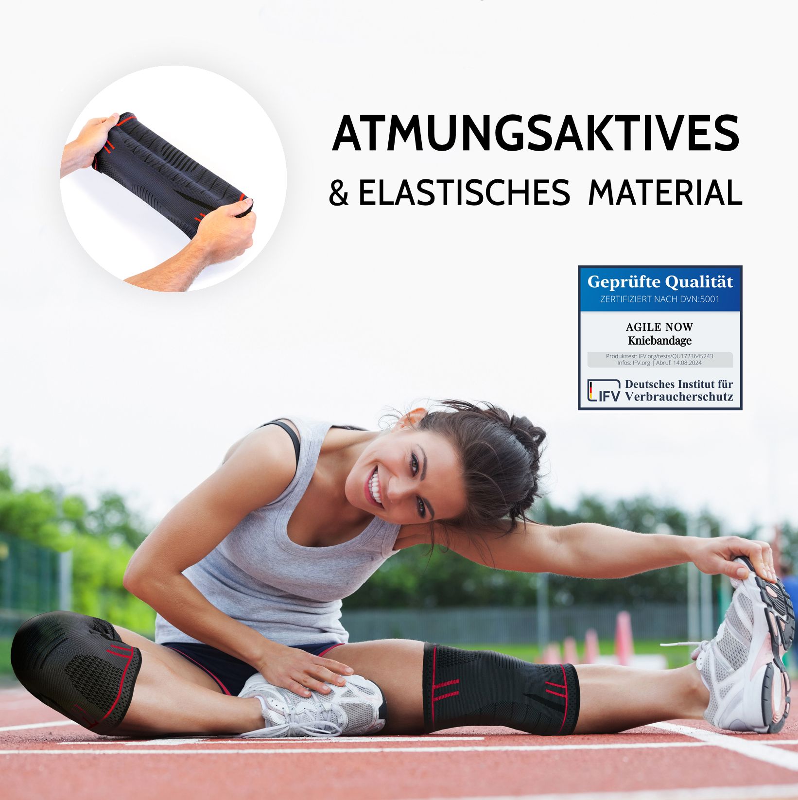 Donna che si allunga su una pista. Indossa ginocchiere. Materiale traspirante ed elastico. Qualità certificata.