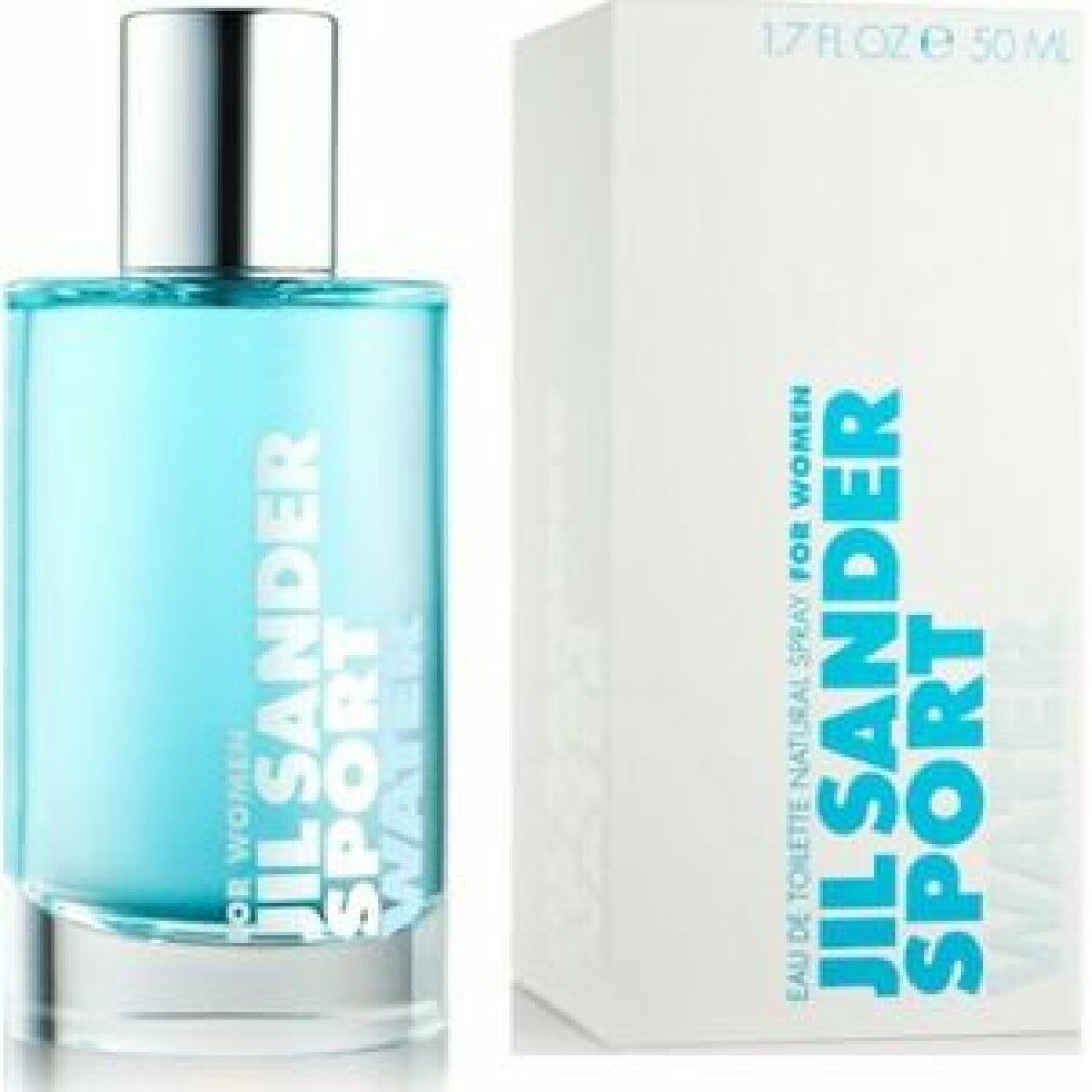 Flacone e confezione Jil Sander Sport Water. Flacone azzurro chiaro con tappo argentato. Confezione bianca con scritta blu.