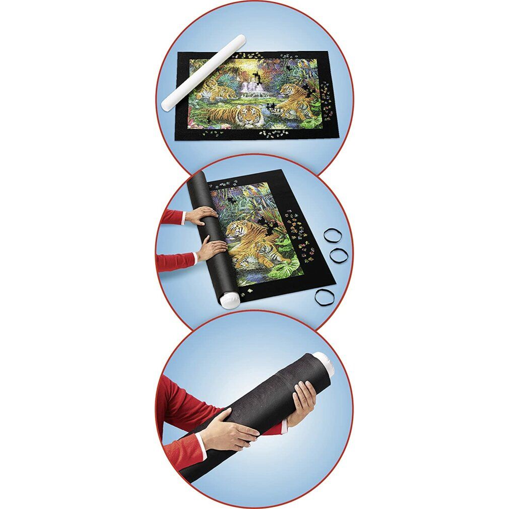 Tre cerchi mostrano l'uso del puzzle. Puzzle, rullo, elastici. Puzzle di tigri su sfondo nero.
