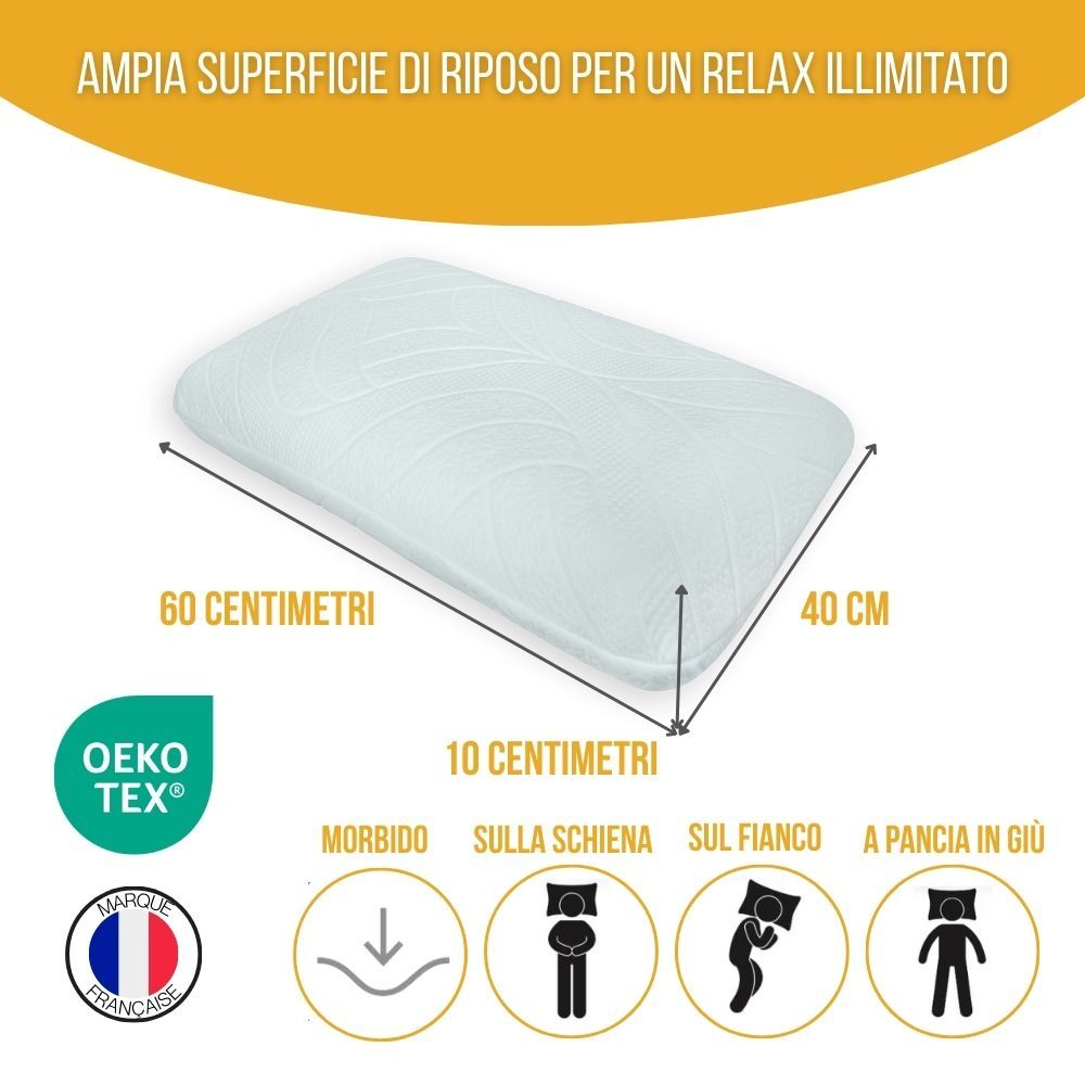 Cuscino con dimensioni 60x40x10 cm. Certificazione Oeko-Tex. Per dormire sulla schiena, fianco e pancia.