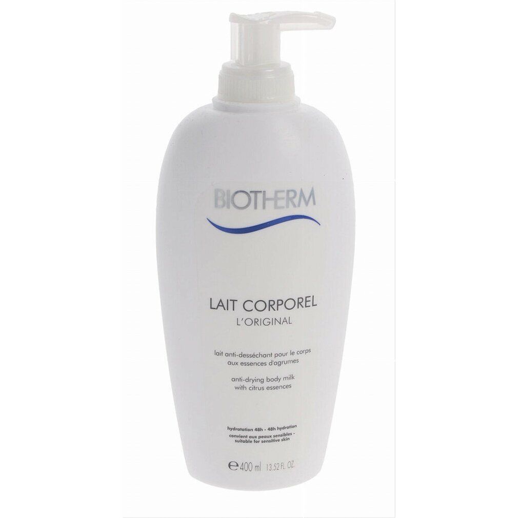 Flacone bianco con dosatore. Scritta: BIOTHERM, Lait Corporel L'Original. Testo: anti-drying body milk with citrus essence. Volume: 400 ml.