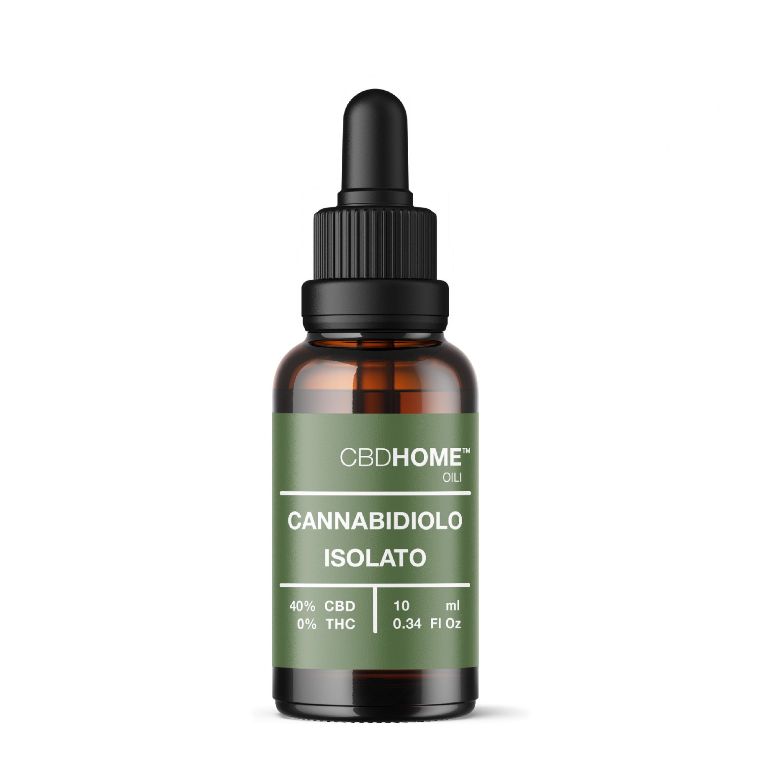 Olio isolato di CBD CBDHOME 40% CBD in flacone di vetro marrone con contagocce.