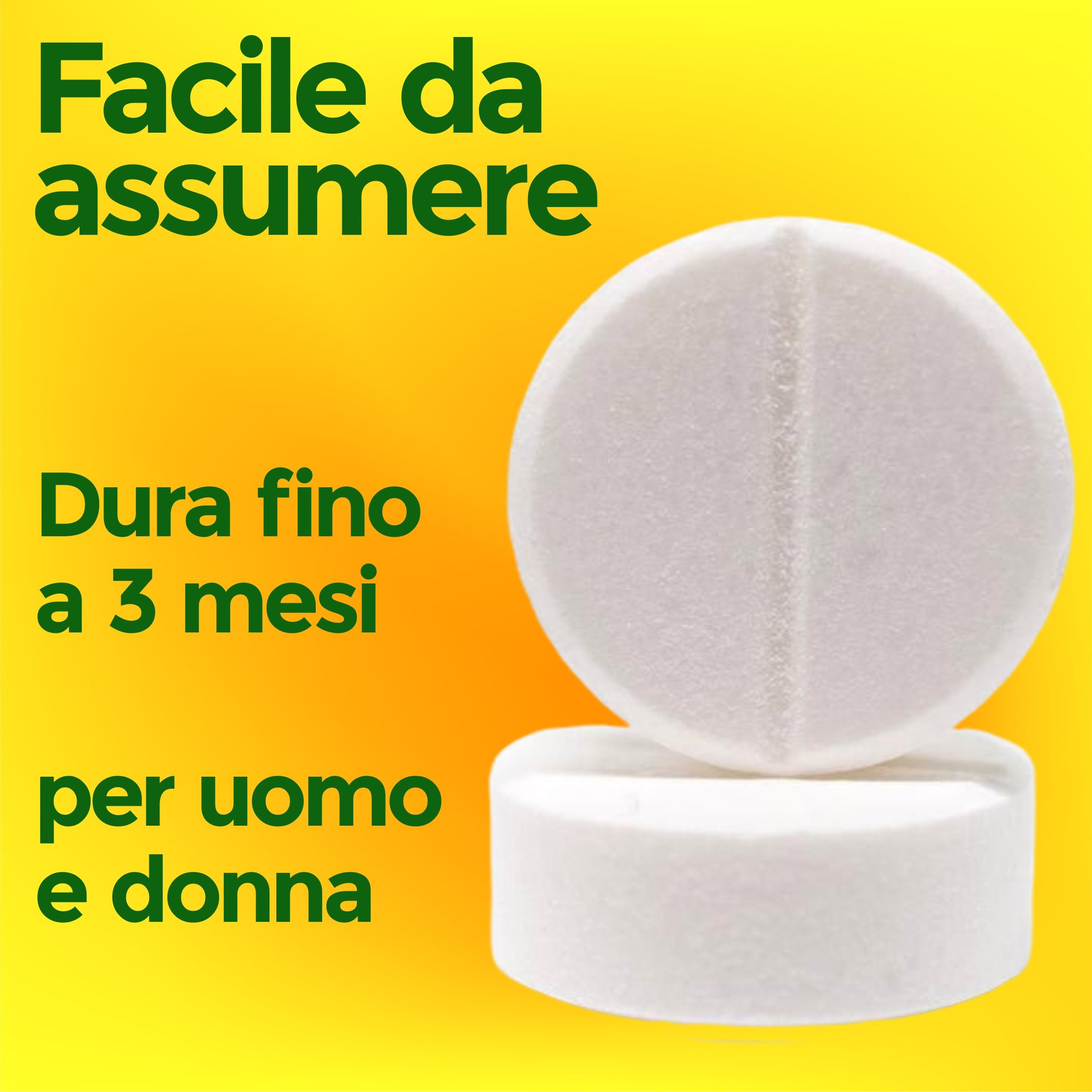 Due compresse bianche. Testo: Facile da assumere. Dura fino a 3 mesi. Per uomo e donna.