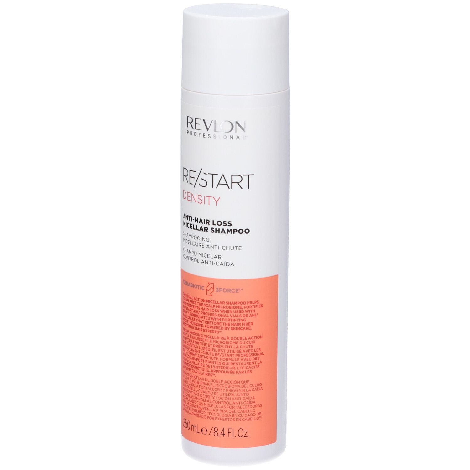 Flacone bianco-rosa. Scritta: RE/START DENSITY, Shampoo micellare anticaduta. 250ml/8.4 FL.OZ.