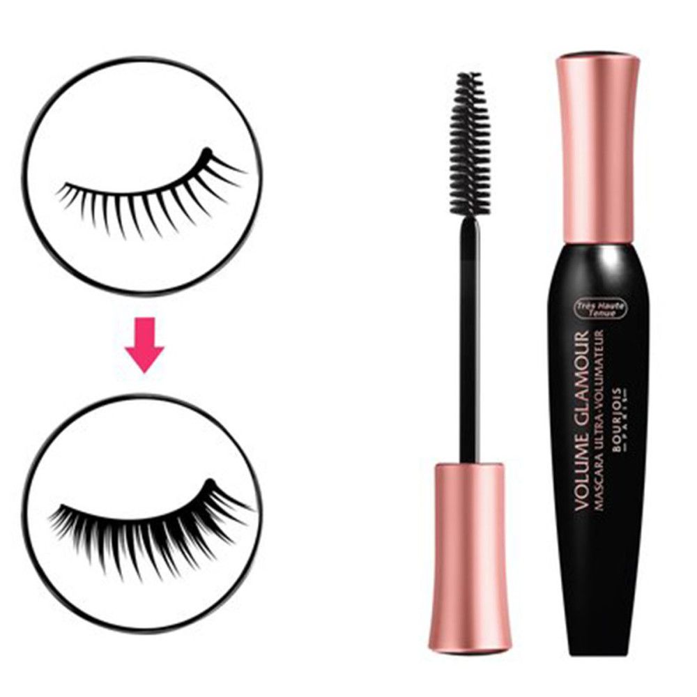 Tubo di mascara nero con tappo oro rosa. Spazzola accanto. Effetto prima-dopo delle ciglia.