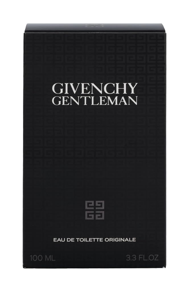 Scatola nera con scritta bianca "GIVENCHY GENTLEMAN". Sotto, "EAU DE TOILETTE ORIGINALE". In basso, "100 ml" e "3.3 FL.OZ".