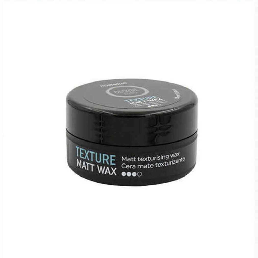 Barattolo nero rotondo con scritta bianca. Texture Matt Wax, Matt texturising wax. Coperchio con logo.