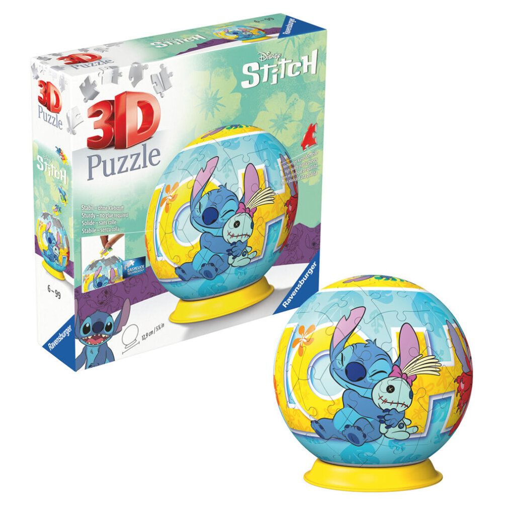 Puzzle 3D Disney Stitch e confezione. Stitch sulla sfera e sulla scatola. Logo Ravensburger.